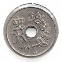 Denemarken 25 Øre 1966 - met gaatje