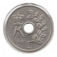 Denemarken 25 Øre 1967 - met gaatje